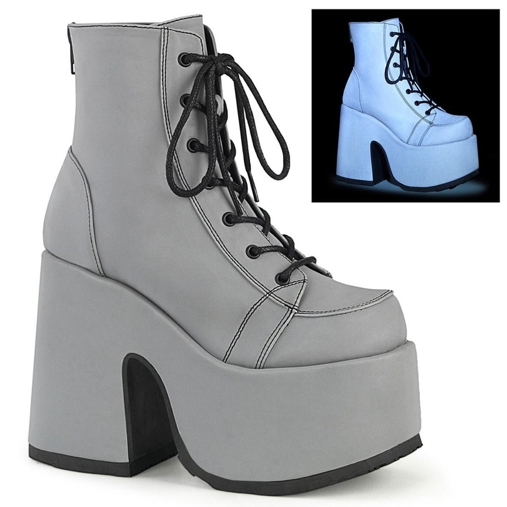 Demonia “Camel-203” Reflective Boots in Reflective Grey
